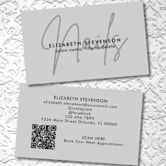 Simple Minimalist Grey Script Nail Artist QR Code Business Card