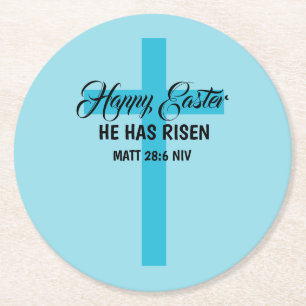 Simple Minimalist Happy Easter Light Blue Cross Round Paper Coaster