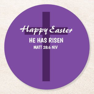 Simple Minimalist Happy Easter Royal Purple Cross Round Paper Coaster