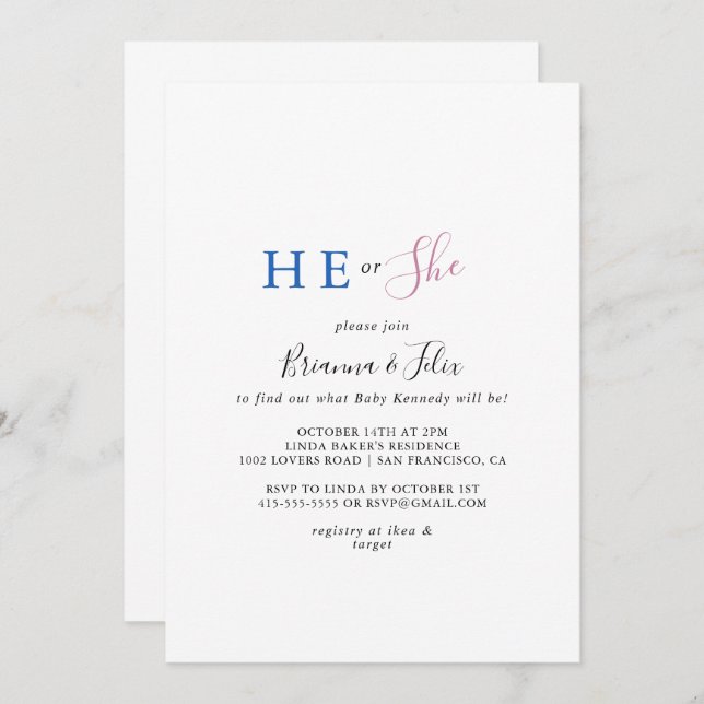 Simple Minimalist He or She Gender Reveal Invitation (Front/Back)