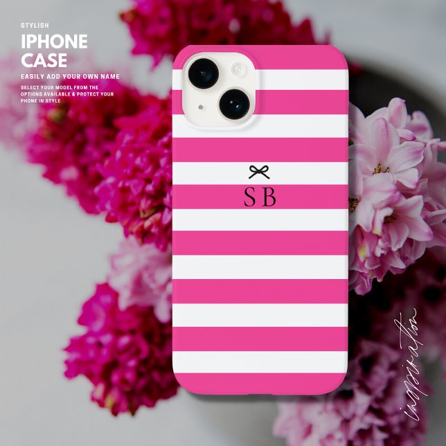 Simple Minimalist Hot Pink Stripe Bow Initial iPhone Case (Creator Uploaded)