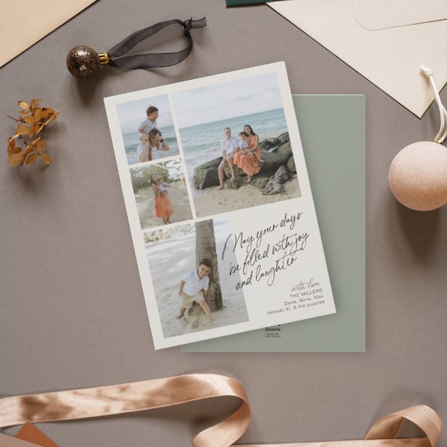 Simple Minimalist Joy Laughter Green Photo Collage Holiday Card (Creator Uploaded)