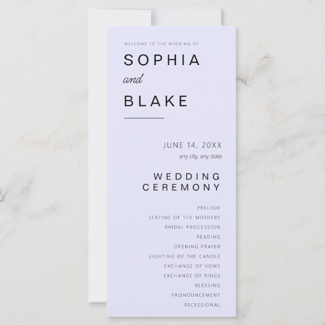 Simple Minimalist Lavender Wedding Program (Front)