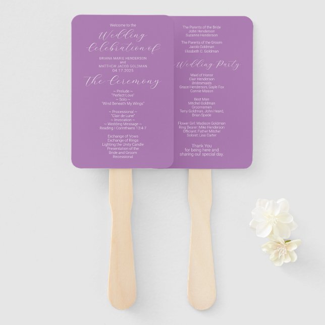 Simple Minimalist Lavender Wedding Program Hand Fan (Front and Back)
