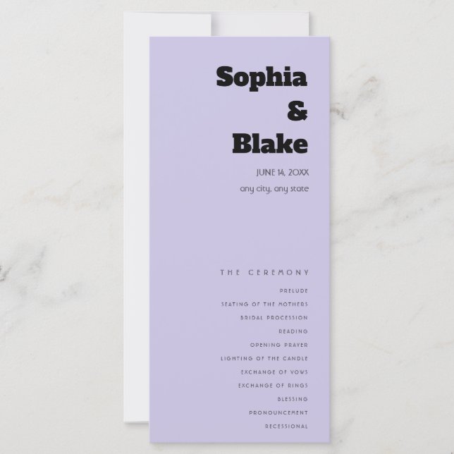 Simple Minimalist Light Purple Wedding Program (Front)