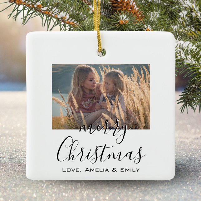 Simple Minimalist Merry Christmas Script Photo  Ceramic Ornament (Creator Uploaded)