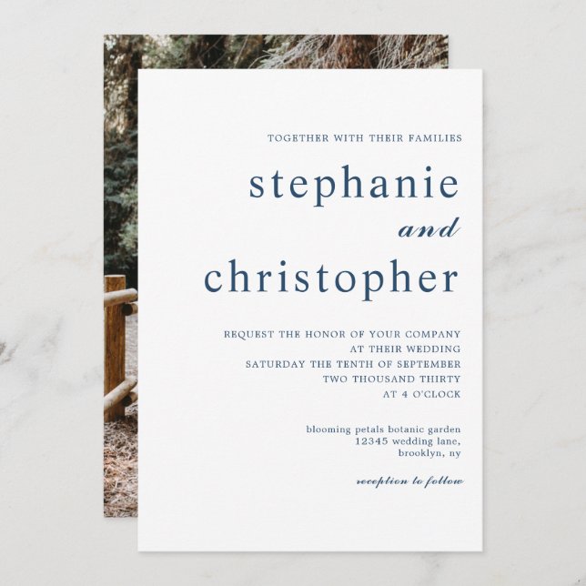 Simple Minimalist Modern Blue Script Photo Wedding Invitation (Front/Back)