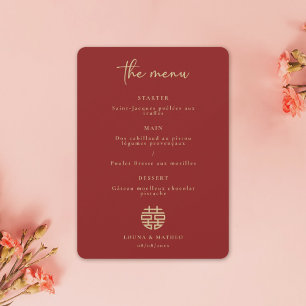 Simple Minimalist Modern Chinese Red Wedding Menu Invitation