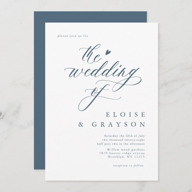 Simple Minimalist Modern Dusty Blue Detail Wedding Invitation (Front/Back)