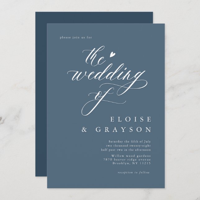 Simple Minimalist Modern Dusty Blue  Wedding Invitation (Front/Back)