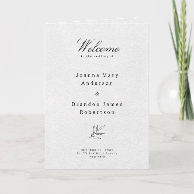 Simple Minimalist Modern Eucalyptus Olive Wedding Programme (Front)