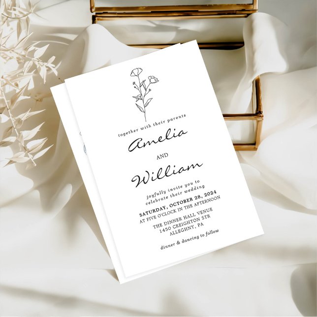 Simple Minimalist Modern Floral Sketch Wedding Invitation (Creator Uploaded)