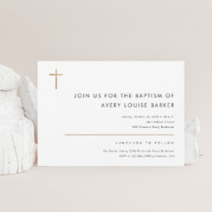 Simple Minimalist Modern Gold Cross Baptism Invitation