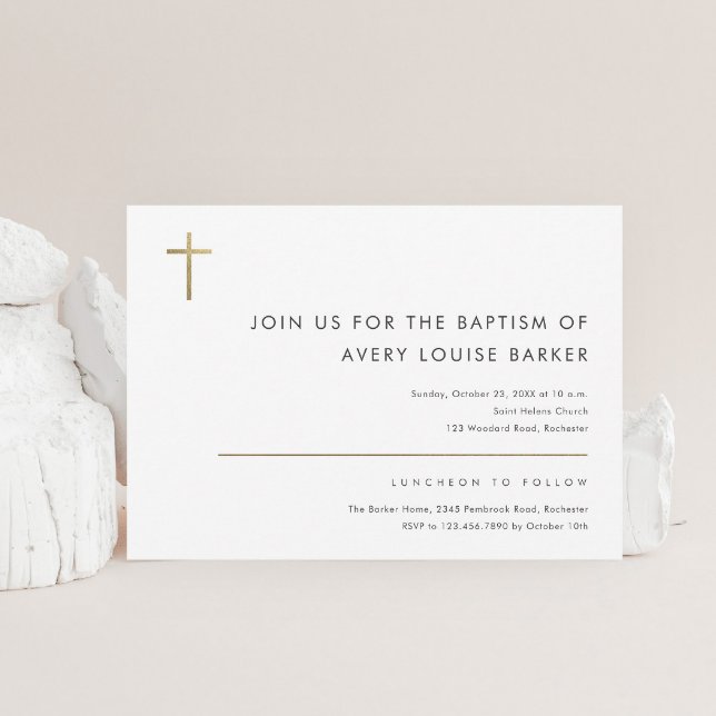 Simple Minimalist Modern Gold Cross Baptism Invitation (Creator Uploaded)