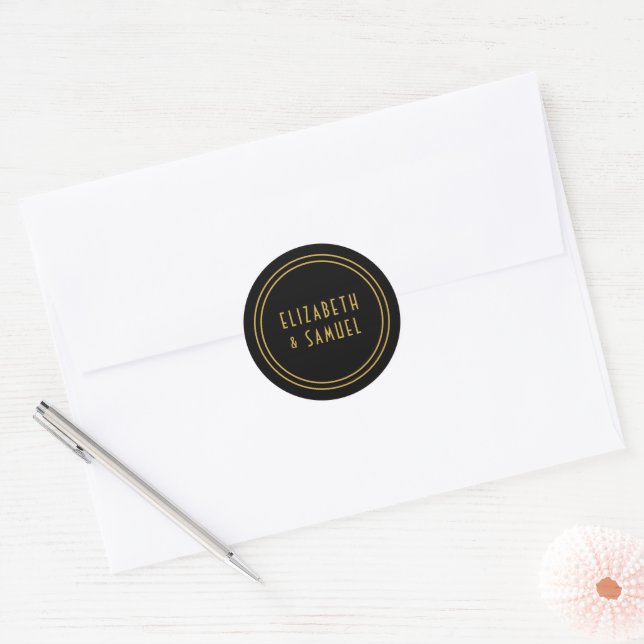 Simple Minimalist Modern Names Gold Black Wedding Classic Round Sticker (Envelope)