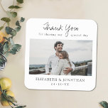 Simple Minimalist Modern Script Photo Wedding Square Paper Coaster<br><div class="desc">This simply chic wedding coaster features words of thanks above your favourite photo and your first names and date below it. We've chosen a warm, modern script for 'Thank You' and added 'for sharing our special day' underneath, with that line separated by the the loop of the 'Y', enhancing its...</div>