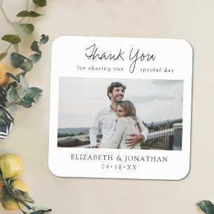 Simple Minimalist Modern Script Photo Wedding Square Paper Coaster