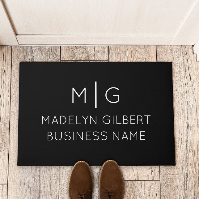 Simple Minimalist Monogram Business Name Black Doormat (Creator Uploaded)