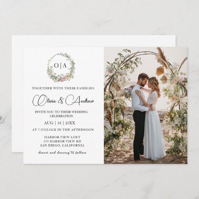 Simple Minimalist Monogram Photo Wedding Invitation (Front/Back)