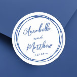 Simple Minimalist Names Blue Hand Drawn Wedding Classic Round Sticker<br><div class="desc">Simple Minimalist Wedding Stickers with Doodle Frame. These charming square wedding stickers feature the bride and groom's names and wedding date displayed in a mix of clean and stylish fonts. Surrounding the design is a playful hand-drawn doodle frame of messy circles, adding a fun and whimsical touch. Fully customisable, you...</div>