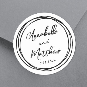 Simple Minimalist Names Red Hand Drawn Wedding Classic Round Sticker