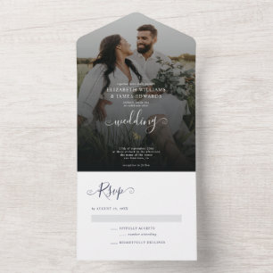 Simple Minimalist Navy Blue Bohemian Wedding All In One Invitation
