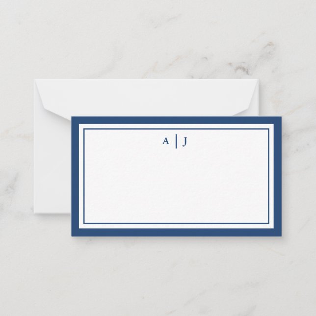 Simple Minimalist Navy Blue Two Border Monogram Card (Front)