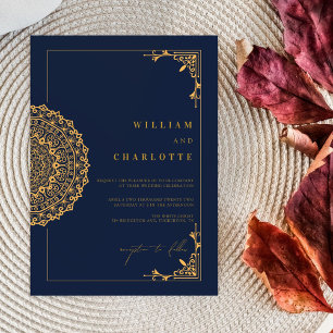 Simple Minimalist Navy Gold Wedding Invitation