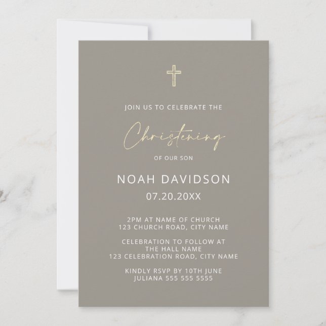 Simple Minimalist Neutral Gold Cross Christening Invitation (Front)