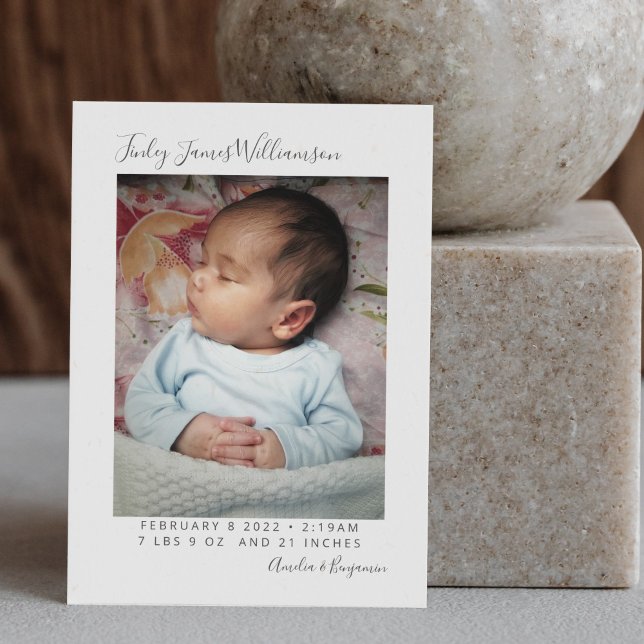 Simple Minimalist Newborn Photo Stats Birth Announcement (Creator Uploaded)