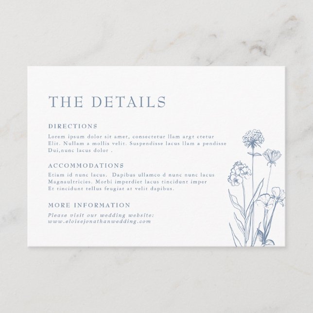 Simple Minimalist Periwinkle Flora Wedding Details Enclosure Card (Front)
