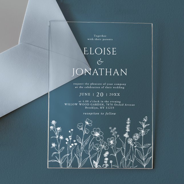 Simple Minimalist Periwinkle Wildflower Wedding Acrylic Invitations (Wildflower line art white acrylic wedding invite)