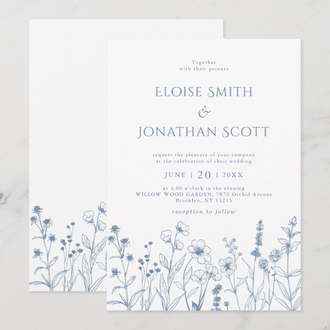 Simple Minimalist Periwinkle Wildflower Wedding Invitation (Front/Back)
