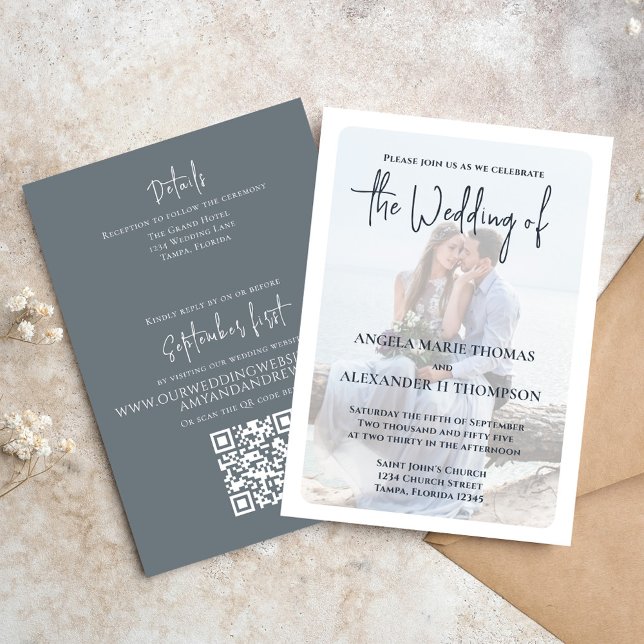 Simple Minimalist Photo Dusty Blue QR Code RSVP Invitation (Elegant photo overlay wedding invitation with QR code and calligraphy script. )