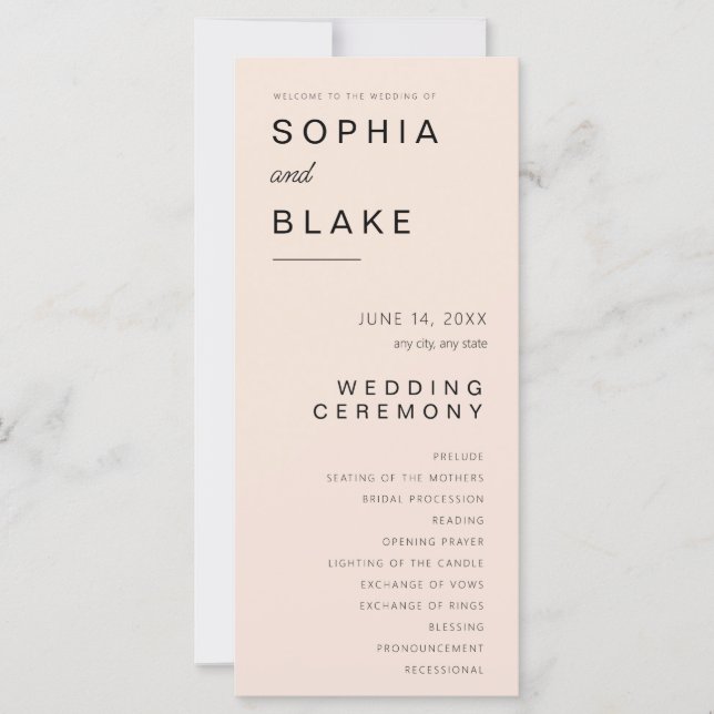Simple Minimalist Pink Cream Wedding Program (Front)