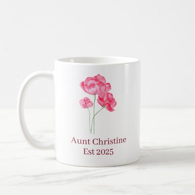 Simple Minimalist Pink Flower Name Est Year Custom Coffee Mug (Left)