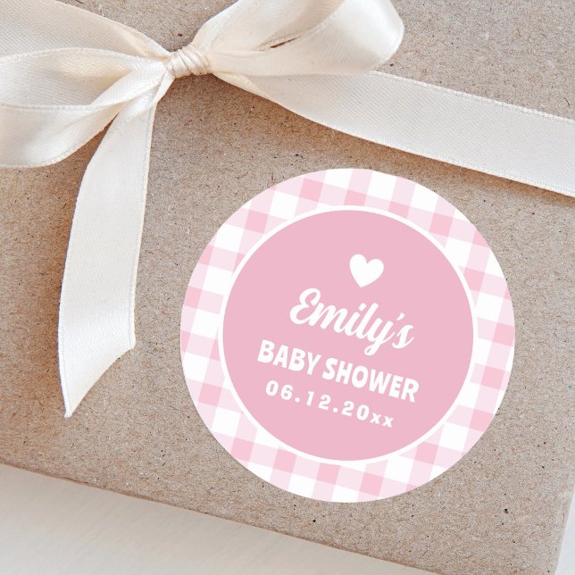 Simple Minimalist Pink Gingham Girl Baby Shower Classic Round Sticker (Creator Uploaded)