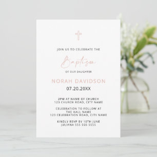 Simple Minimalist Pink Grey Cross Baptism  Invitat Invitation