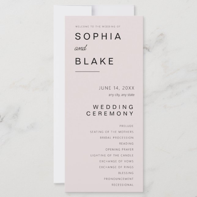 Simple Minimalist Pink Grey Wedding Program (Front)