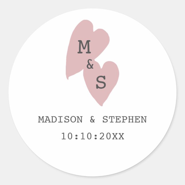 Simple Minimalist Pink Monogram Wedding Classic Round Sticker (Front)