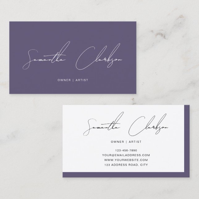 Simple Minimalist Purple Modern Handwritten Script Business Card (Front/Back)
