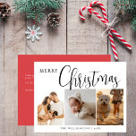 Simple Minimalist Red 3 Photo Collage Christmas Holiday Postcard<br><div class="desc">This minimalist and stylish design features three of your favourite photos with a Merry Christmas greeting in a modern script and your name in elegant modern typography. Its red reverse background embodies a classic and whimsical feel, perfect for the winter season. The reverse contains your custom holiday wishes. To customise,...</div>