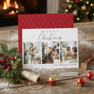 Simple Minimalist Red Photo Collage Christmas Holiday Card
