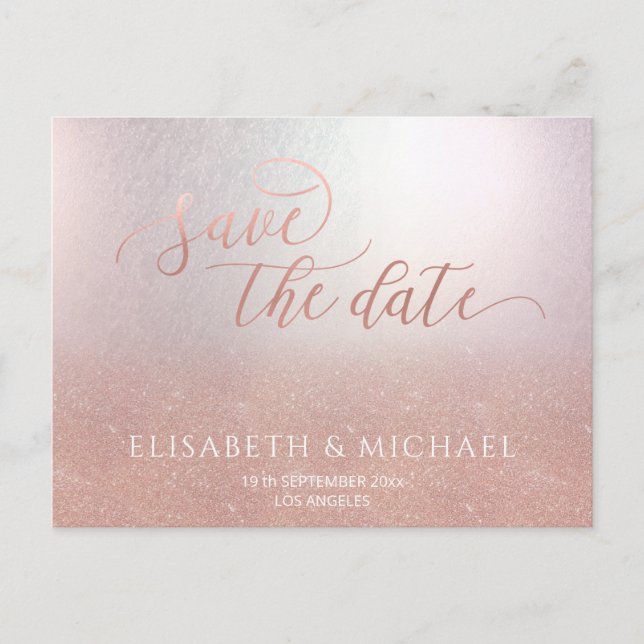 Simple minimalist romantic rose gold calligraphy a announcement postcard (Front)