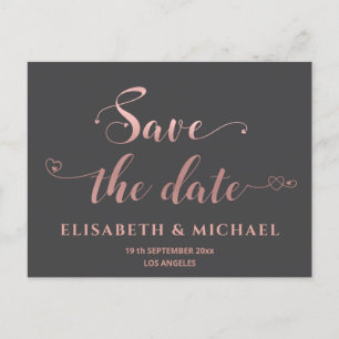 Simple minimalist  rose gold calligraphy hearts  announcement postcard