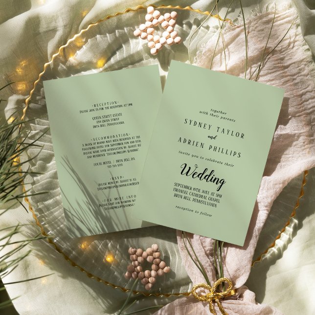 Simple Minimalist|Sage Front and Back Wedding Invitation (Creator Uploaded)