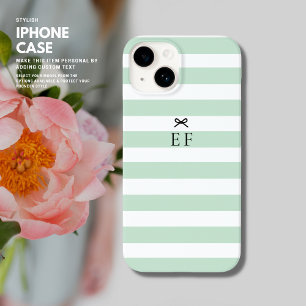 Simple Minimalist Sage Green Stripe Bow Monogram iPhone 14 Case