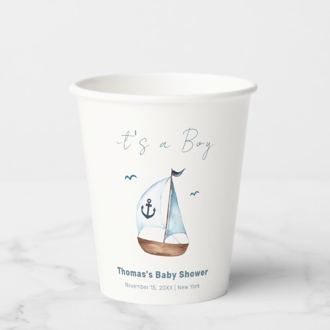 Simple Minimalist Sailboat Anchor Baby Shower  Paper Cups (Front)