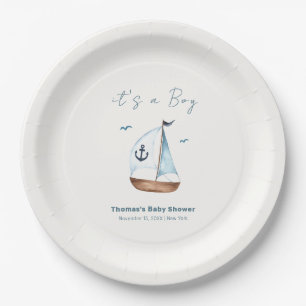 Simple Minimalist Sailboat Anchor Baby Shower Paper Plate