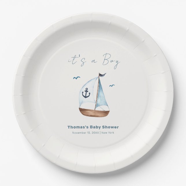 Simple Minimalist Sailboat Anchor Baby Shower  Paper Plate (Front)